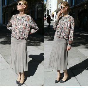 Vintage cats pattern silk and knitwear blouse+skirt